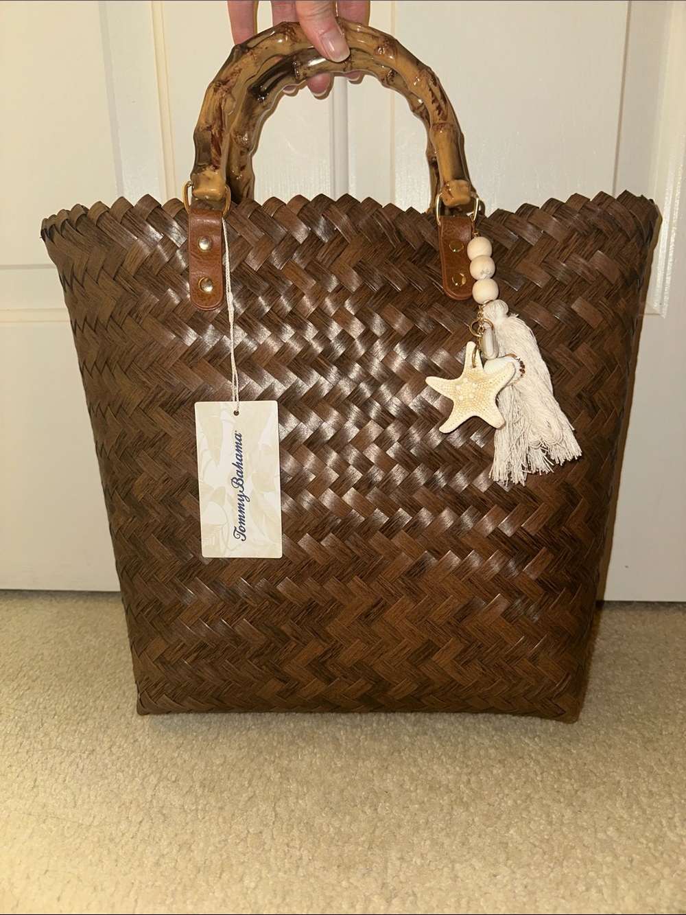 Tommy Bahama Dark Brown Woven Tote with Bamboo-Style Handles